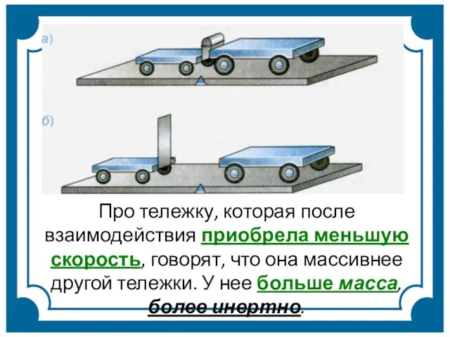 Про тележку, которая после взаимодействия приобрела меньшую скорость, говорят, что