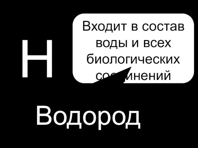 H P H Водород Входит в состав воды и всех биологических соединений