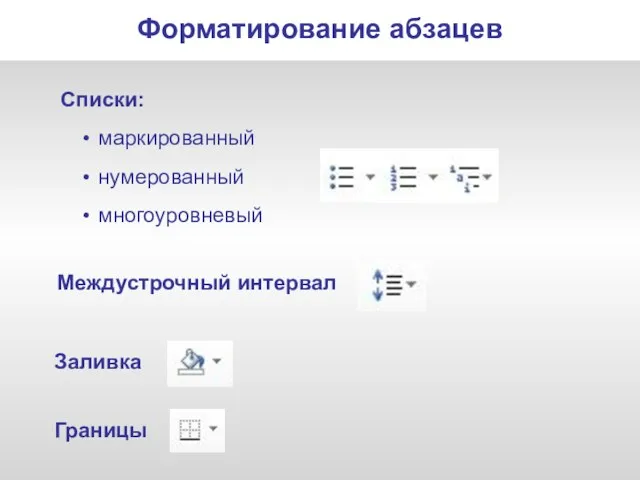 Междустрочный интервал Форматирование абзацев Заливка Границы Списки: маркированный нумерованный многоуровневый