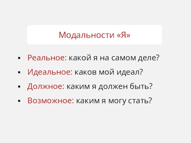 Модальности «Я» Реальное: какой я на самом деле? Идеальное: каков