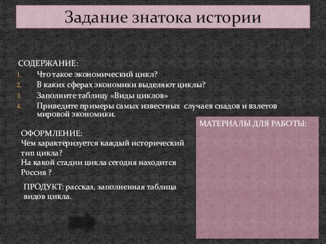 Задание знатока истории СОДЕРЖАНИЕ: Что такое экономический цикл? В каких