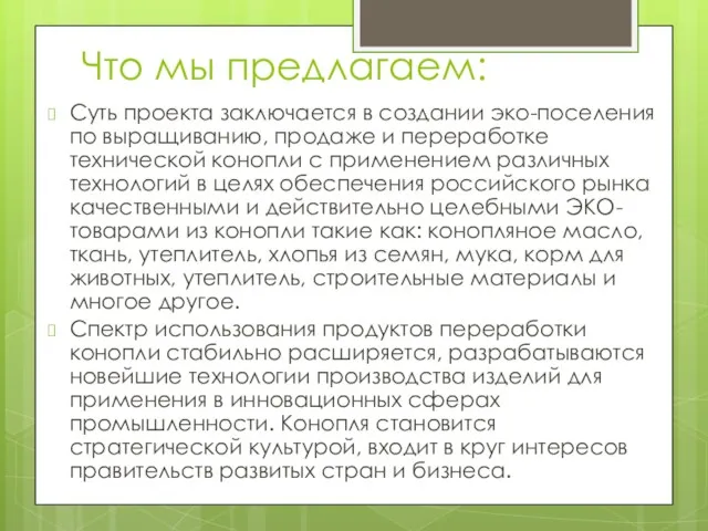 Что мы предлагаем: Суть проекта заключается в создании эко-поселения по