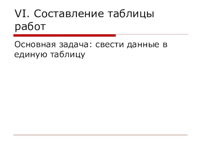 VI. Составление таблицы работ Основная задача: свести данные в единую таблицу