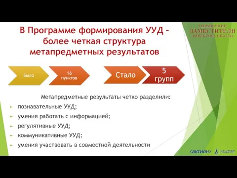 В Программе формирования УУД – более четкая структура метапредметных результатов