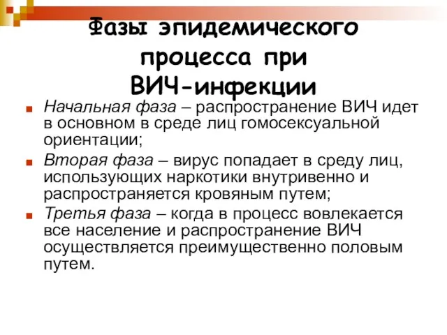 Фазы эпидемического процесса при ВИЧ-инфекции Начальная фаза – распространение ВИЧ