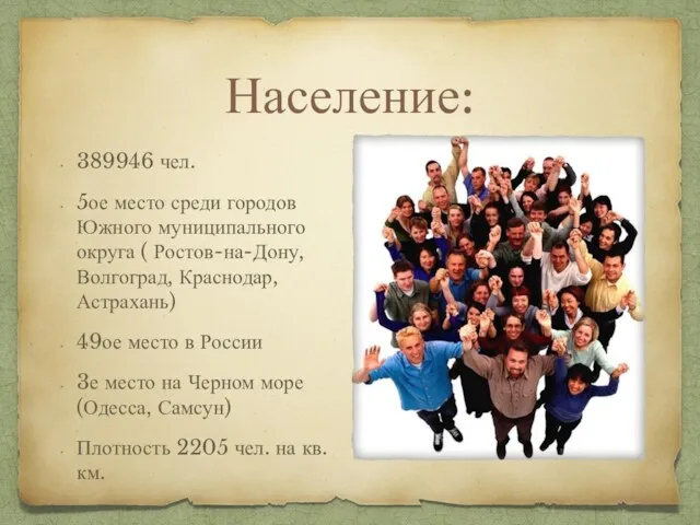 Население: 389946 чел. 5ое место среди городов Южного муниципального округа