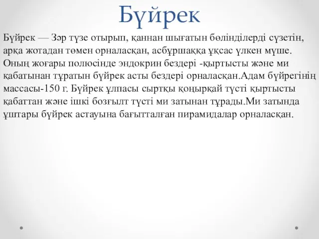 Бүйрек Бүйрек — Зәр түзе отырып, қаннан шығатын бөлінділерді сүзетін,