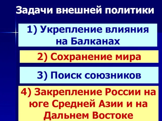 Задачи внешней политики 1) Укрепление влияния на Балканах 2) Сохранение