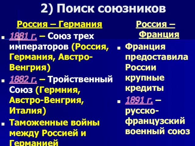 2) Поиск союзников Россия – Германия 1881 г. – Союз