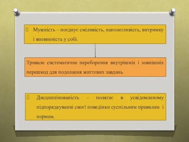 Мужність – поєднує сміливість, наполегливість, витримку і впевненість у собі.