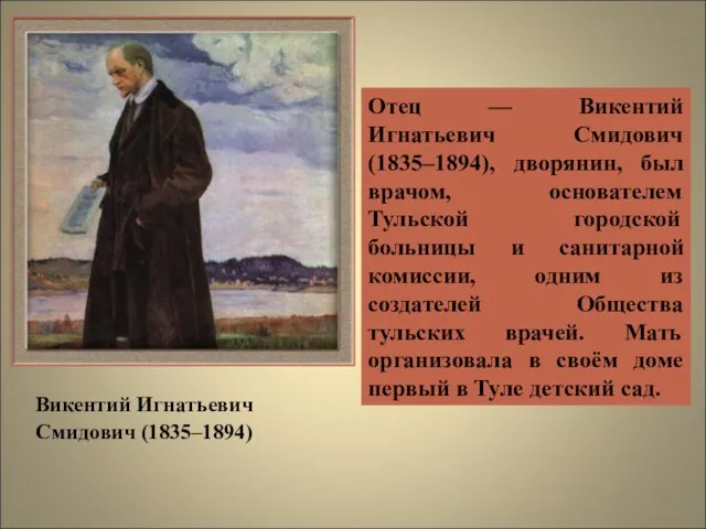 Отец — Викентий Игнатьевич Смидович (1835–1894), дворянин, был врачом, основателем