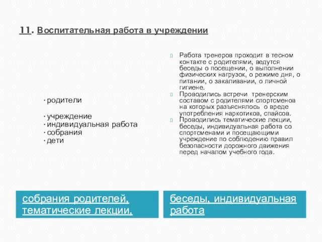 11. Воспитательная работа в учреждении собрания родителей, тематические лекции, беседы,