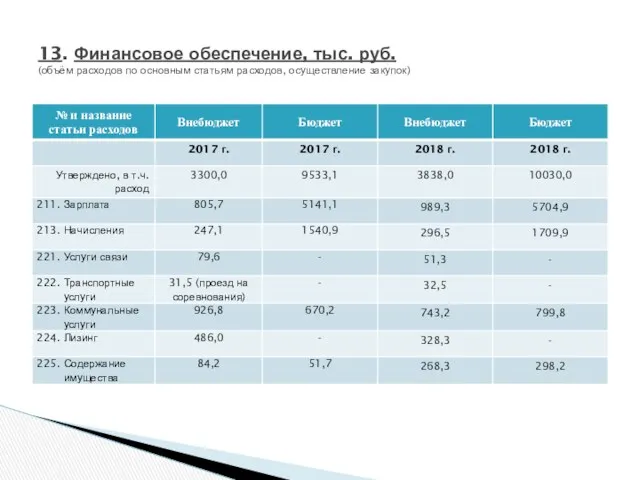 13. Финансовое обеспечение, тыс. руб. (объём расходов по основным статьям расходов, осуществление закупок)