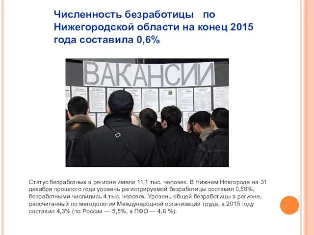 Численность безработицы по Нижегородской области на конец 2015 года составила