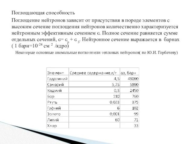 Поглощающая способность Поглощение нейтронов зависит от присутствия в породе элементов