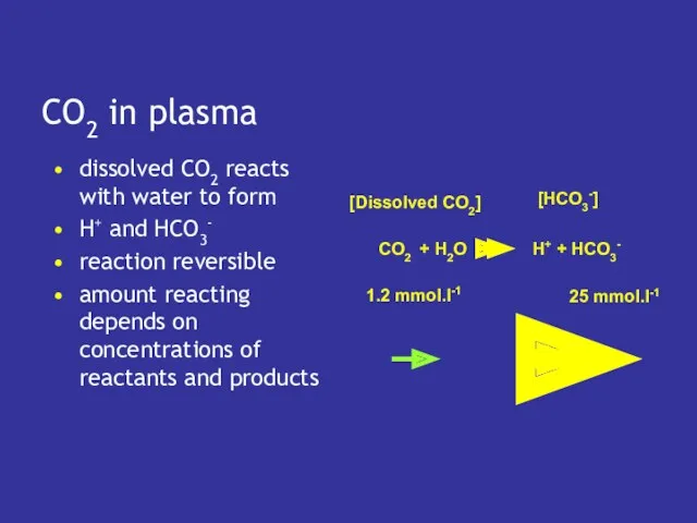 CO2 in plasma dissolved CO2 reacts with water to form H+ and HCO3-