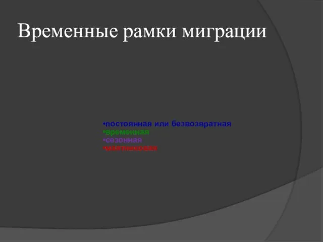 Временные рамки миграции постоянная или безвозвратная временная сезонная маятниковая