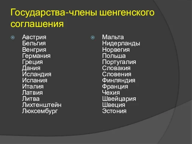 Государства-члены шенгенского соглашения Австрия Бельгия Венгрия Германия Греция Дания Исландия