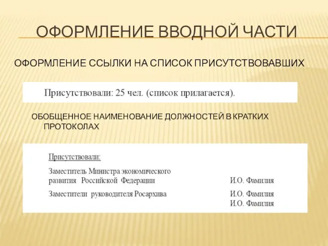 ОФОРМЛЕНИЕ ВВОДНОЙ ЧАСТИ ОФОРМЛЕНИЕ ССЫЛКИ НА СПИСОК ПРИСУТСТВОВАВШИХ ОБОБЩЕННОЕ НАИМЕНОВАНИЕ ДОЛЖНОСТЕЙ В КРАТКИХ ПРОТОКОЛАХ