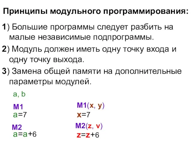 Принципы модульного программирования: 1) Большие программы следует разбить на малые независимые подпрограммы. 2)