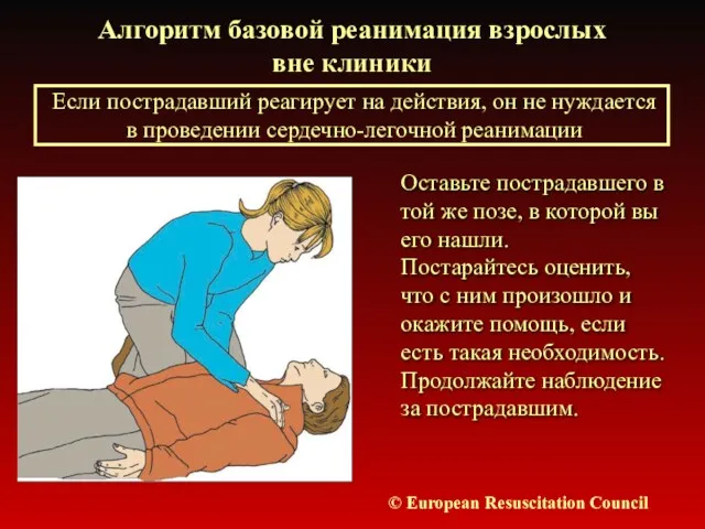 Алгоритм базовой реанимация взрослых вне клиники © European Resuscitation Council