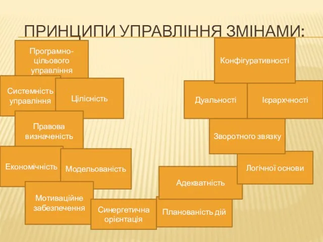 ПРИНЦИПИ УПРАВЛІННЯ ЗМІНАМИ: Програмно-цільового управління Системність управління Цілісність Правова визначеність