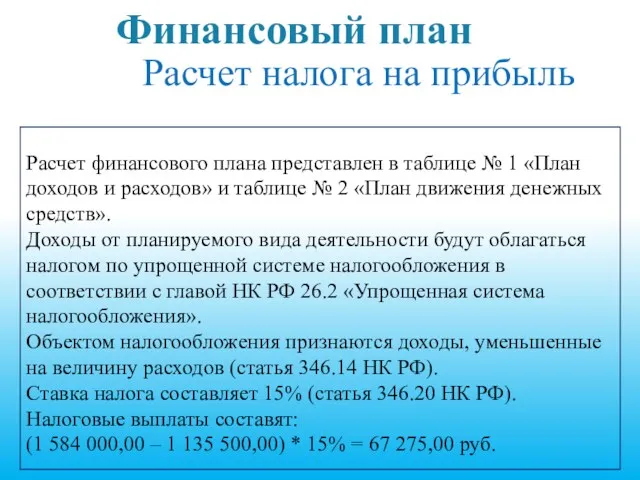 Финансовый план Расчет налога на прибыль Расчет финансового плана представлен в таблице №