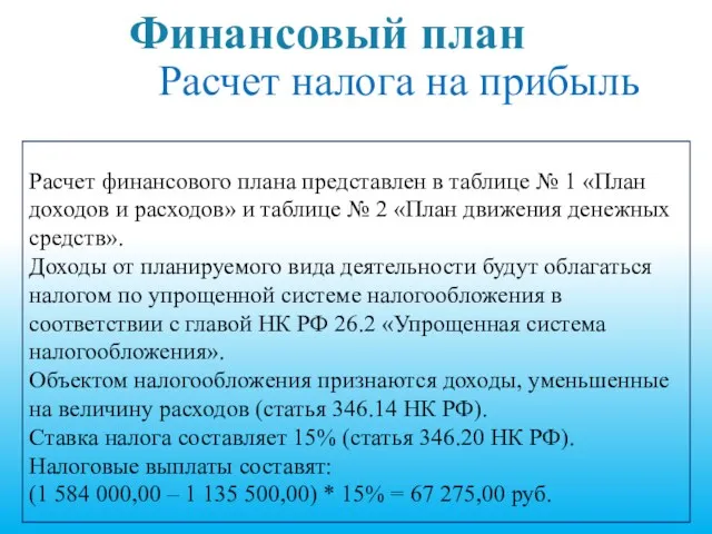 Финансовый план Расчет налога на прибыль Расчет финансового плана представлен