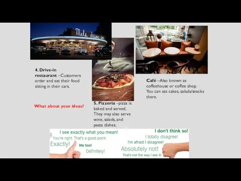4. Drive-in restaurant –Customers order and eat their food sitting