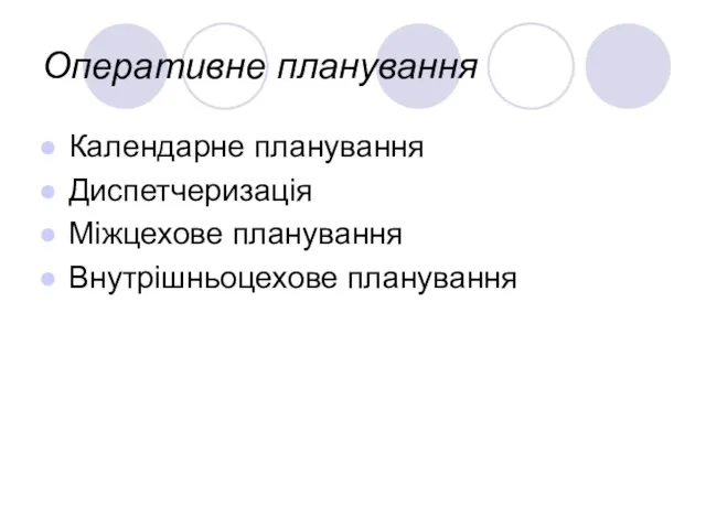 Оперативне планування Календарне планування Диспетчеризація Міжцехове планування Внутрішньоцехове планування