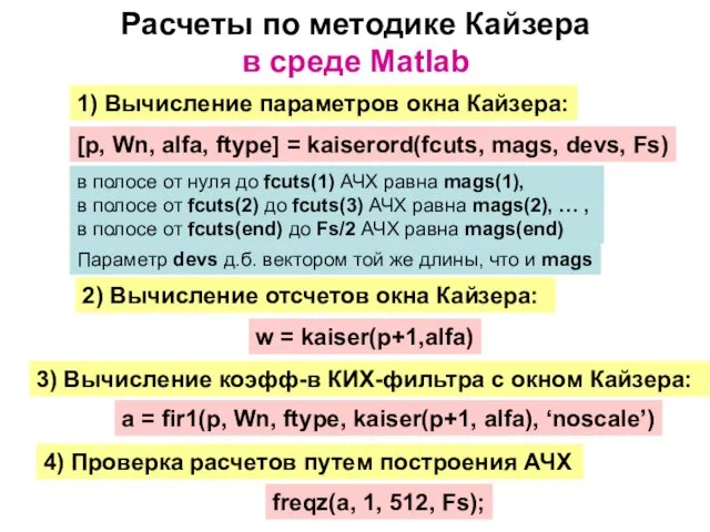 Расчеты по методике Кайзера в среде Matlab 1) Вычисление параметров окна Кайзера: [p,