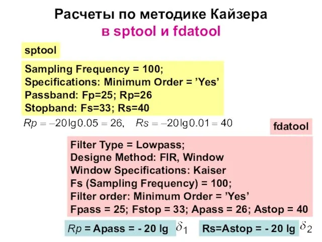 Расчеты по методике Кайзера в sptool и fdatool Sampling Frequency = 100; Specifications: