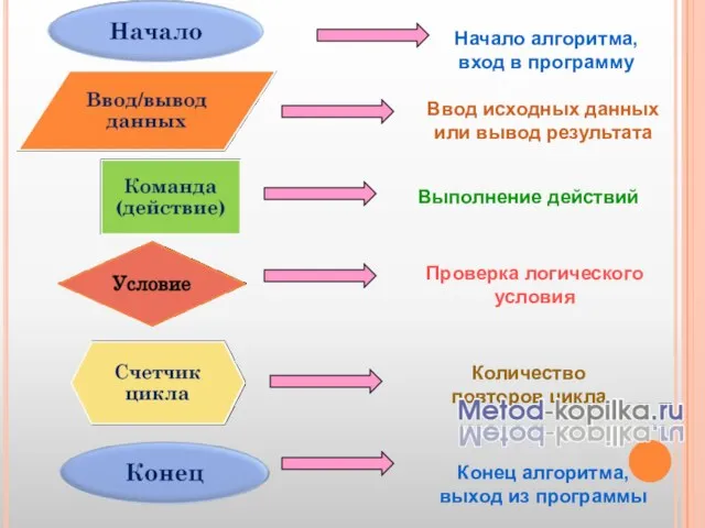 Начало алгоритма, вход в программу Конец алгоритма, выход из программы