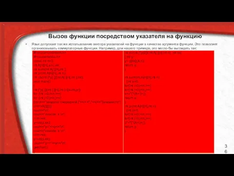 Вызов функции посредством указателя на функцию Язык допускает так же