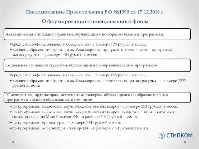 Постановление Правительства РФ №1390 от 17.12.2016 г. О формировании стипендиального фонда