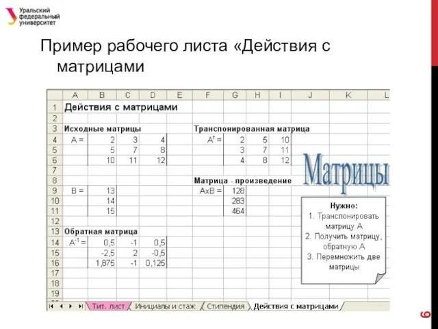 Пример рабочего листа «Действия с матрицами