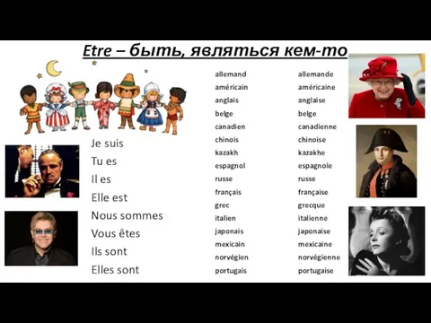 Etre – быть, являться кем-то Je suis Tu es Il