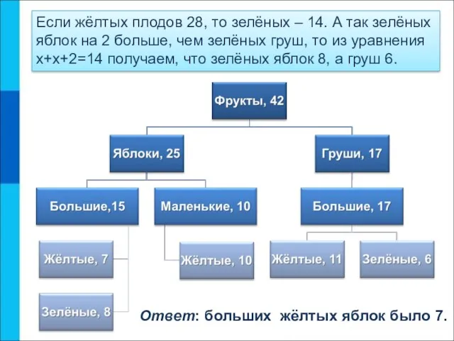 Если жёлтых плодов 28, то зелёных – 14. А так