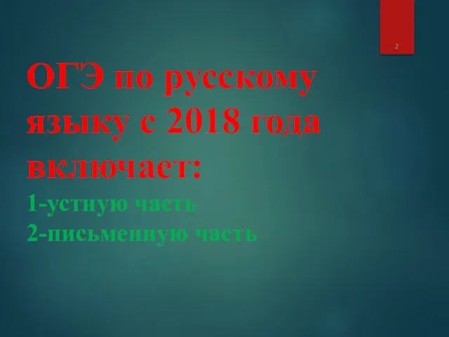 ОГЭ по русскому языку с 2018 года включает: 1-устную часть 2-письменную часть
