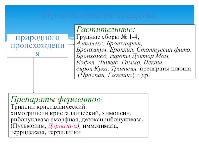 Муколитические средства природного происхождения Препараты ферментов: Трипсин кристаллический, химотрипсин кристаллический,