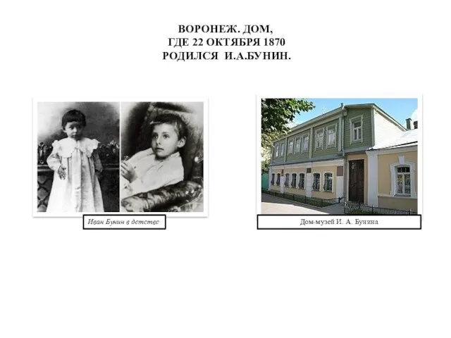 ВОРОНЕЖ. ДОМ, ГДЕ 22 ОКТЯБРЯ 1870 РОДИЛСЯ И.А.БУНИН. Иван Бунин в детстве Дом-музей И. А. Бунина