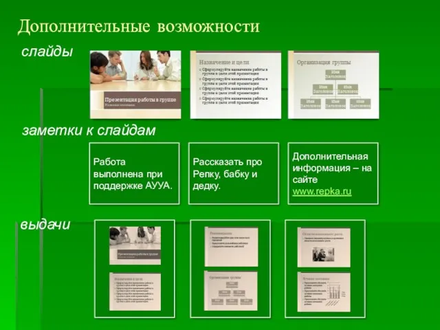 Дополнительные возможности слайды выдачи заметки к слайдам Рассказать про Репку,