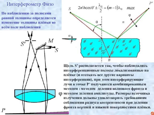 Интерферометр Физо По наблюдению за полосами равной толщины определяется изменение толщины плёнки во