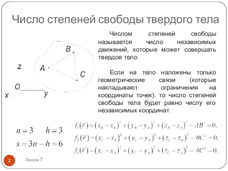 Число степеней свободы твердого тела Числом степеней свободы называется число