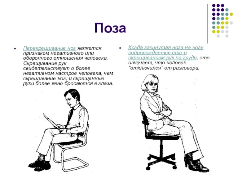 Поза Перекрещивание ног является признаком негативного или оборонного отношения человека.