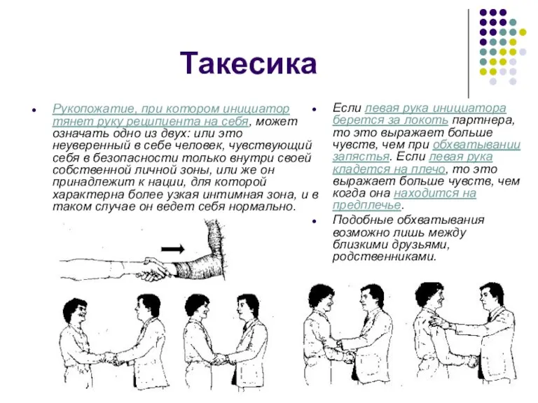 Такесика Рукопожатие, при котором инициатор тянет руку реципиента на себя,