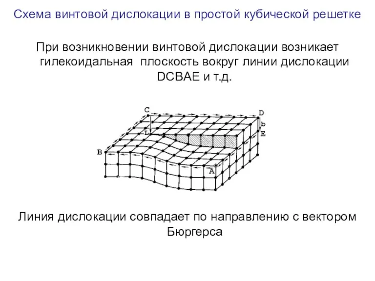 Схема винтовой дислокации в простой кубической решетке При возникновении винтовой