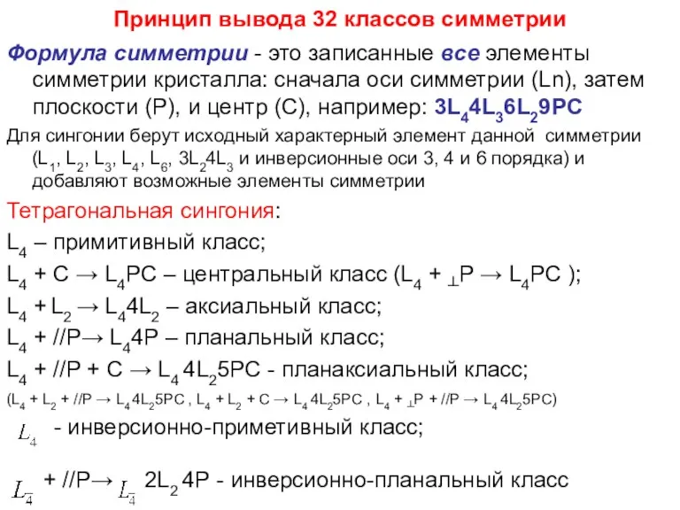 Принцип вывода 32 классов симметрии Формула симметрии - это записанные