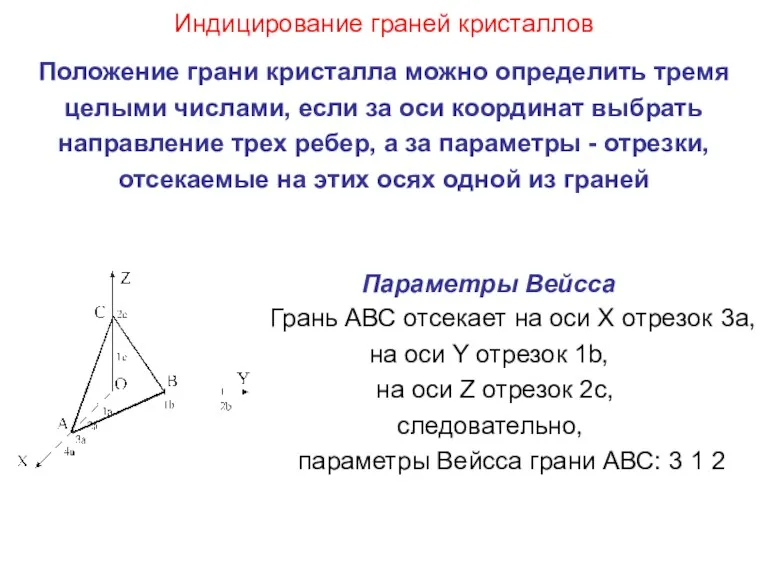 Индицирование граней кристаллов Положение грани кристалла можно определить тремя целыми