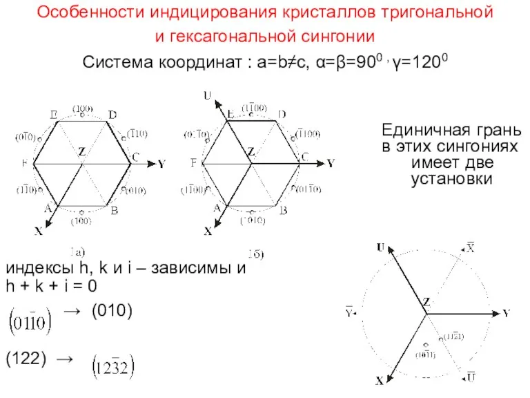 Особенности индицирования кристаллов тригональной и гексагональной сингонии Система координат :